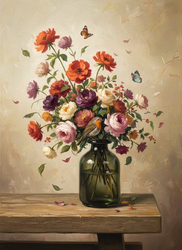 Blumenstillleben mit Rotkehlchen von By Marjolein Design