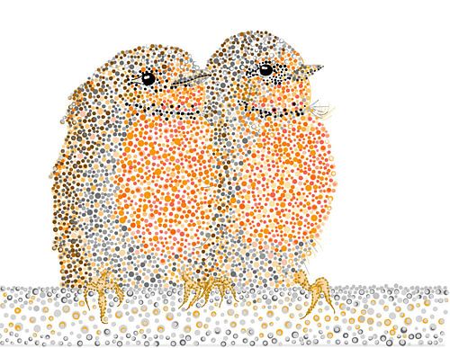 Pointillisme kunstwerk TWEE JONGE ROODBORSTEN ZITTEND OP DE RAND VAN EEN DAK VAN EEN HUIS. In de kleuren oranje, grijs, bruin en beige