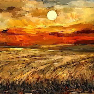 Zonsondergang veld | Landschap met Zon en Goud van Kunst Kriebels