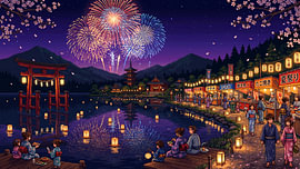 Japanisches Sommerfest am von Laternen beleuchteten See – Pixel-Art-Nachtansicht von my pixel art