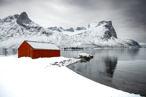 Rode schuur op het eiland Senja in Noord-Noorwegen tijdens een koude winterdag