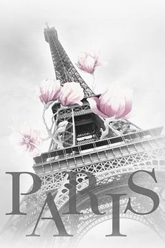 PARIS Eiffelturm mit Magnolien - schwarz-weiß / rosa von Melanie Viola