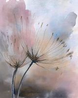 Minimalistisches und heiteres Aquarell: Zwei blühende Pusteblumen