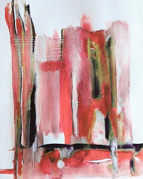 Modern abstracte aquarel met speelse lijnen en rustieke tinten  van Ireen Bos