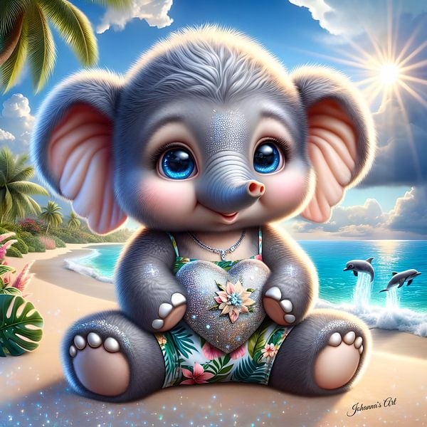 Cute Elephant on a tropical beach 2 by Johannas Art Creations
