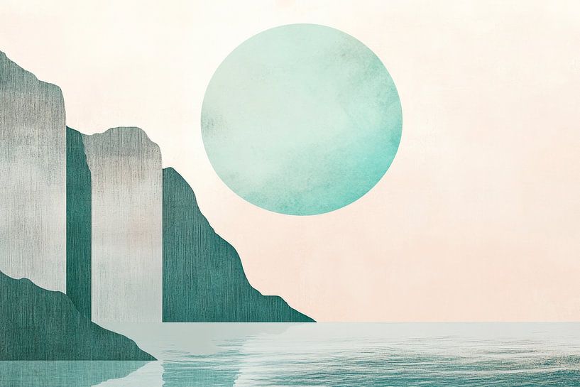 Paysage côtier monochrome avec soleil par Poster Art Shop