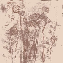 Abstracte botanische kunst. Bloemen in neutrale pastelkleuren. Warm bruin op beige van Dina Dankers