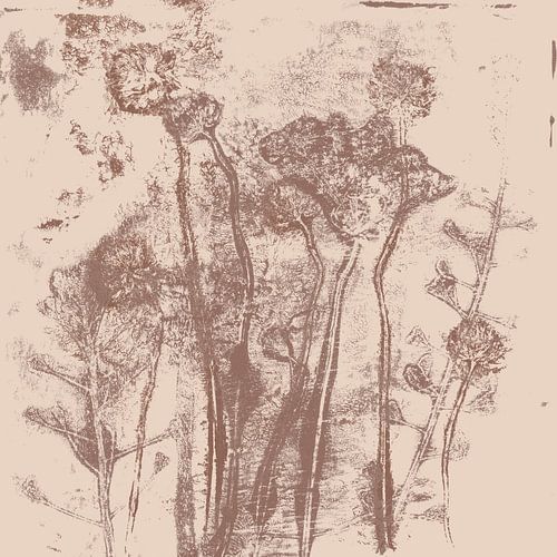 Abstracte botanische kunst. Bloemen in neutrale pastelkleuren. Warm bruin op beige