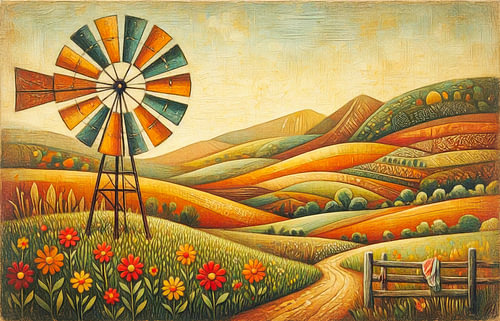 Windmühle über goldenen Hügeln von Jutta Maria Pusl