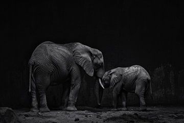 Zwart-wit olifanten moeder en kalf kunst van De Muurdecoratie