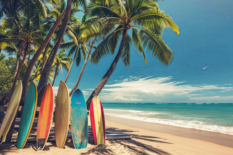 Surfplanken op het strand van Poster Art Shop