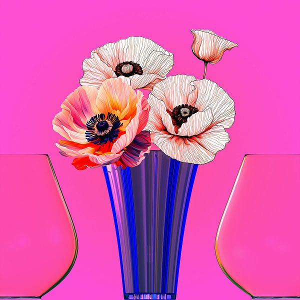 Mohnblumen in Vase - digitale Malerei - Papiermohnblumen von ellenilli .