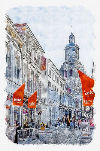 The Kremerstraat and the Peperbus in Bergen op Zoom (watercolour)