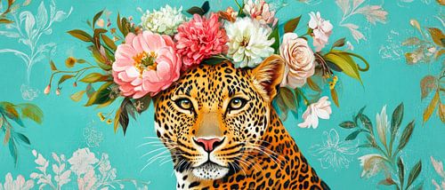 Portrait of a leopard with a wreath of flowers by Poster Art Shop