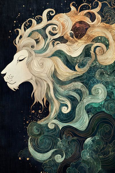 Lion head with flowing mane in blue and gold by Digitale Schilderijen