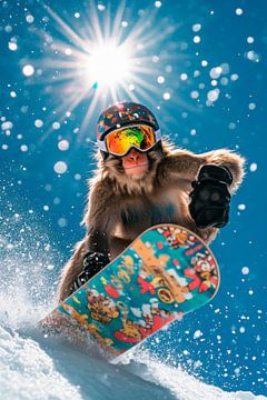 Snowboardende aap in het zonlicht van Poster Art Shop