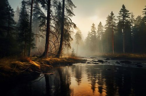 Fog at the mountain lake