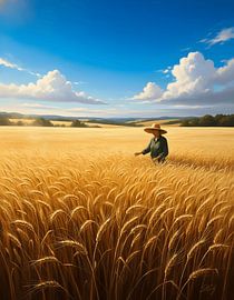 Des champs de blé dorés sous un ciel bleu sur Regan Frederick