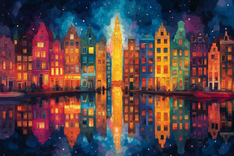 Nachtelijk stadsgezicht met reflecties van Lufy