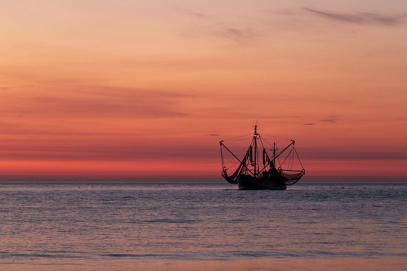 Ameland, fishing boat at sea after sunset. by Meindert Marinus