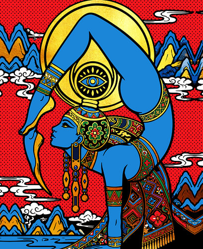 Göttin des dritten Auges – Pop-Art-Porträt einer blauen Gottheit