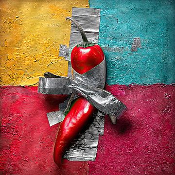 Spice Up Your Wall – Popart Foto met Rode Peper en Humoristisch Statement van BowiScapes abstract en digitale kunst