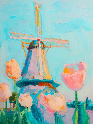 Farbenfrohe Mühle mit Tulpen