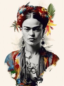 Frida: Bunte Elemente in einem Schwarz-Weiß-Porträt von Wunderbare Kunst