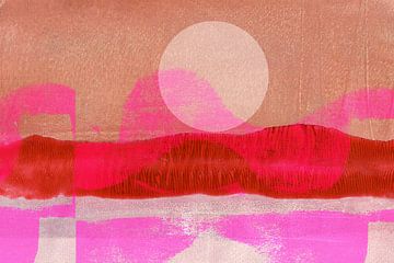 Abstract landschap. Zonsopgang in beige, neonroze en warm rood van Dina Dankers