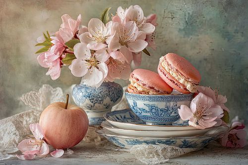 Pastel Macarons met Fruit en Bloemen – Elegant Dessert Stilleven
