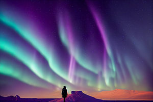 Nordlicht Aurora am Strand mit See und Frau