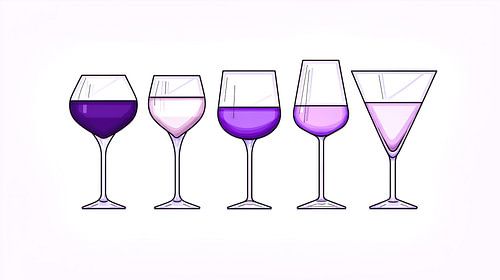 Vijf glazen met paarse en roze drankjes