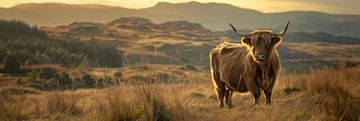 Panorama | Scottish highlander in a vast landscape