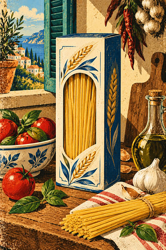 Italienische Pasta-Schachtel im Vintage-Pop-Art-Stil