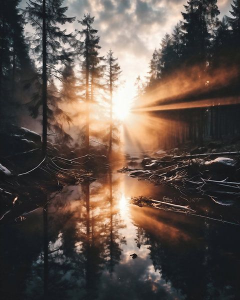 Zonsopgang in het bos van fernlichtsicht