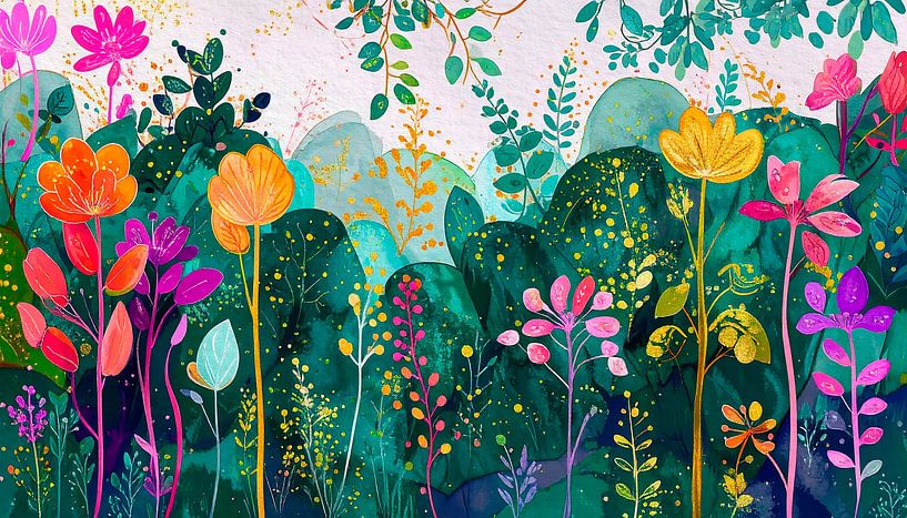 Zomer! Modern illustratie schilderij van een bloementuin van Studio Pieternel