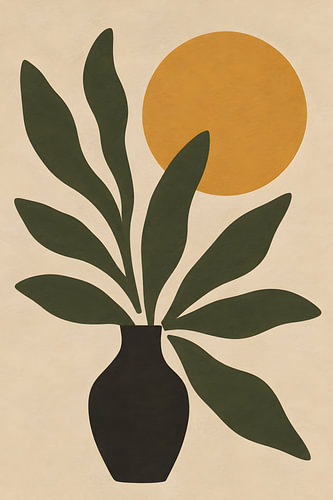 Von Matisse inspirierte Wandkunst, minimalistisches botanisches Stillleben mit Sonne | Moderne abstrakte Boho-Wohnkultur