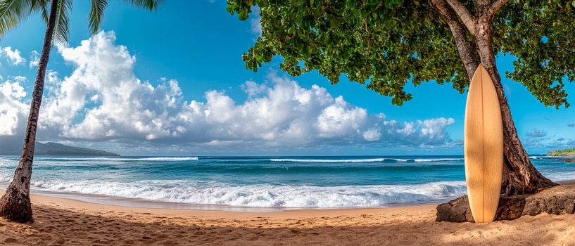 Tropisch strand met surfplank van Poster Art Shop