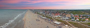 Aerial panorama of the beach near Zandvoort on the North Sea in the Netherlands on a beautiful summer day at sunset by Eye on You