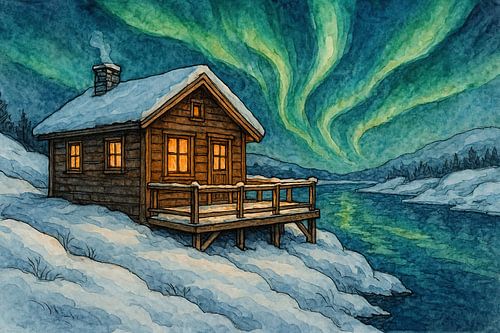 Houten huisje onder het noorderlicht (AI) (sneeuw, aurora borealis, poollicht, tiny house, winter wonderland, mancave, Noorwegen, Zweden, houten cabin)