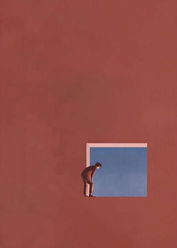 Minimalistische Illustration einer Person, die aus einem quadratischen Fenster schaut
