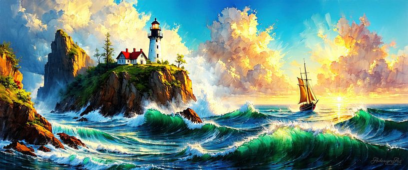 Eiland bij zonsondergang tussen storm en avondgloed - vuurtoren, eiland en het schip dat zich losmaakt van de horizon van AidasignArt