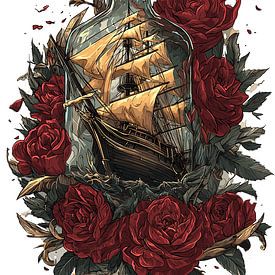 Sailing ship in a bottle with red roses by Pixelbull Design