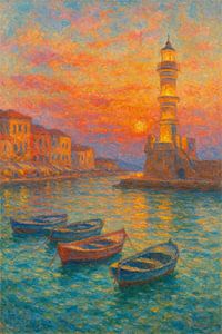 Sonnenuntergang am venezianischen Leuchtturm von Chania – Impressionistische Meereslandschaft im Hafen von Kreta