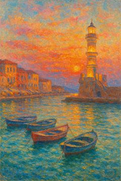Chania Venetian Lighthouse Sunset – Crete Harbor Impressionist Seascape by Travel Shop