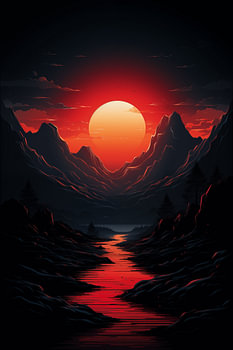 Crimson Sunset in a Shadowed Mountain Valley
