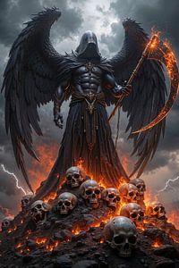 Dark Fantasy Wandbild: VORGARIEL - Der schwarze Engel des Todes über dem Feuer der Verdammten | Kunst & Fine Art Prints