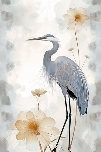 Japandi, Heron with Blossom Branch by Caroline Guerain