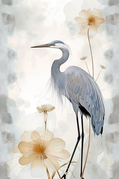 Japandi, Heron with Blossom Branch by Caroline Guerain