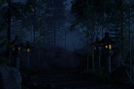 An old Japanese shrine in the woods with illuminated stone lanterns on a misty night by Besa Art